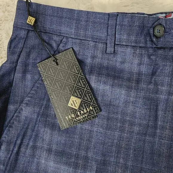 NWT Ted Baker Wharfet Debonair 100% Wool Check Suit Trousers Blue Modern Fit 34L